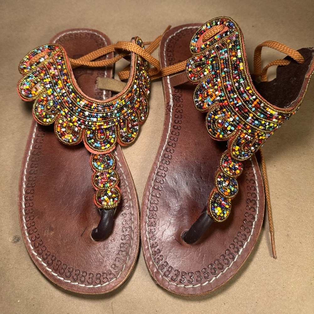Beaded Boho Leather Sandals Size 41 - Picture 1 of 7